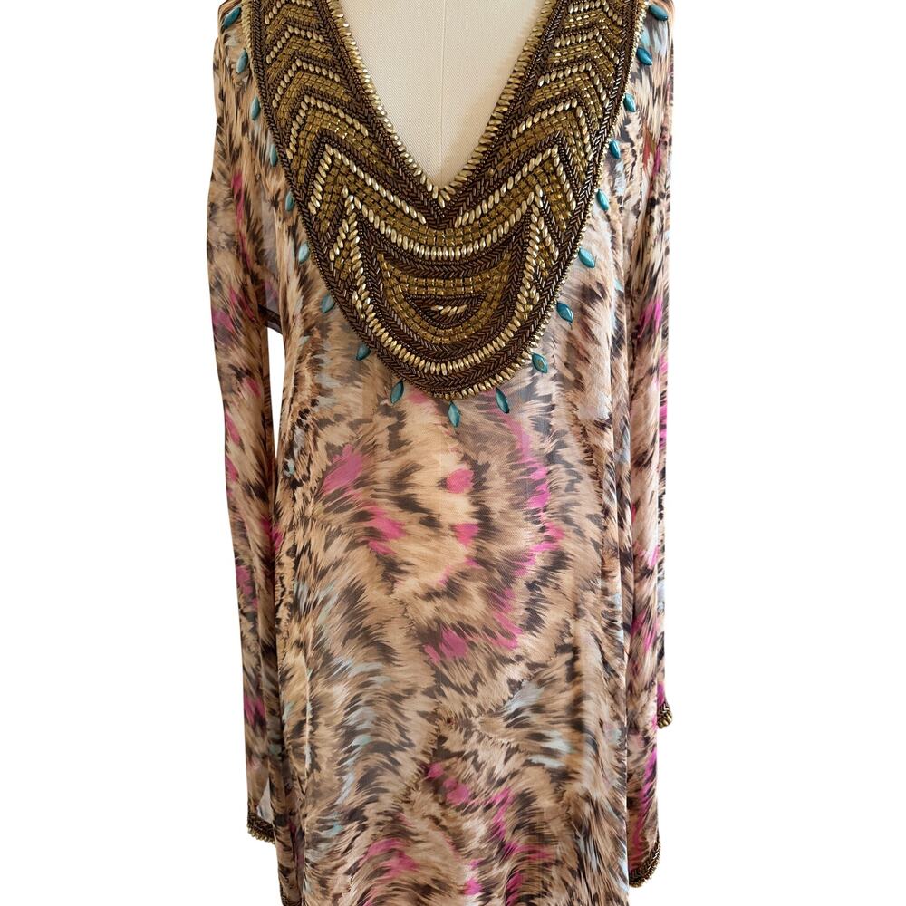 TAJ by Sabrina Crippa Beaded Embellished Silk Kaftan Maxi Dress Size M